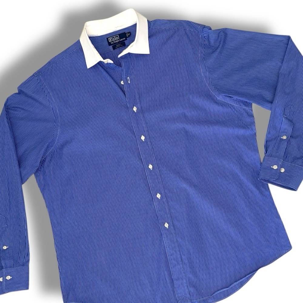 Polo Ralph Lauren Regent Custom Fit Blue Pinstripe Dress Shirt Large 18 - 36/37